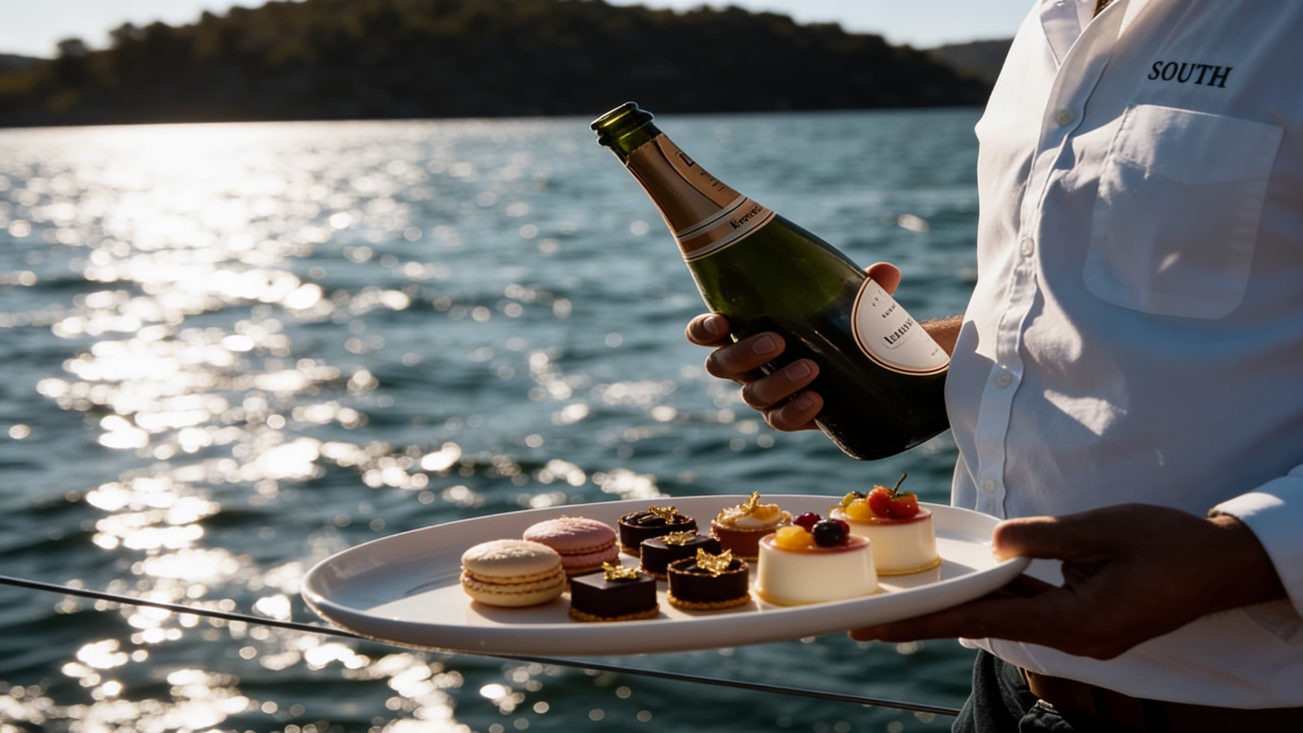 Yacht crew serving champagne and desserts on deck