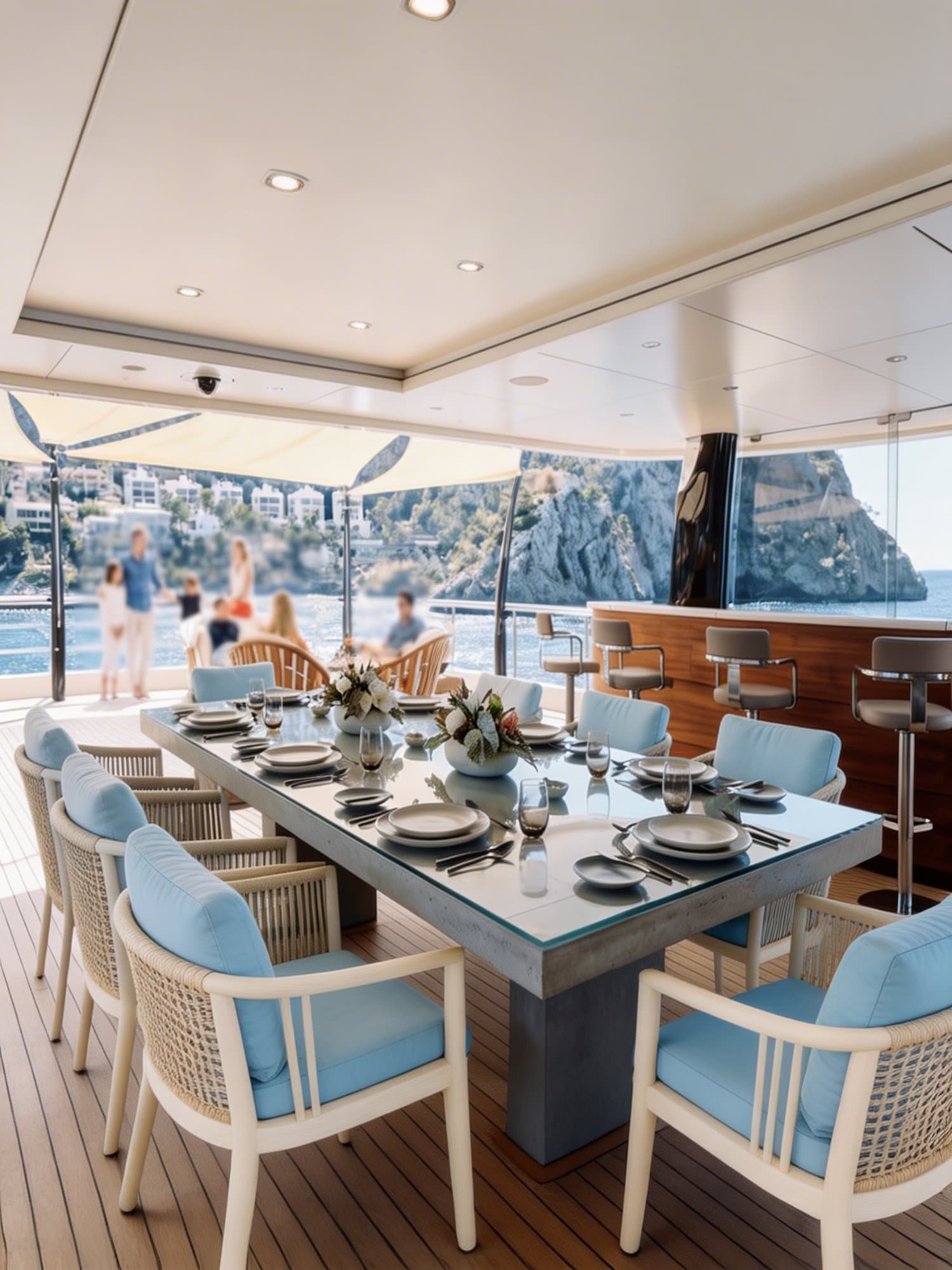 Dining table set on the deck of a superyacht