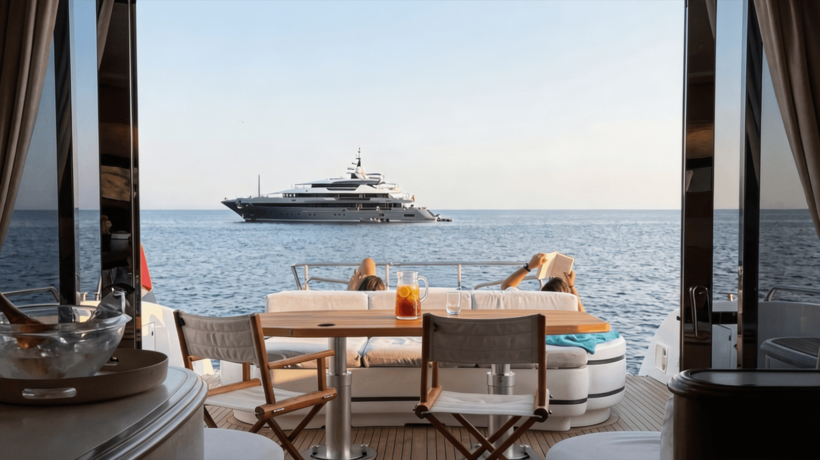 Striped daybed with cushions on a superyacht deck