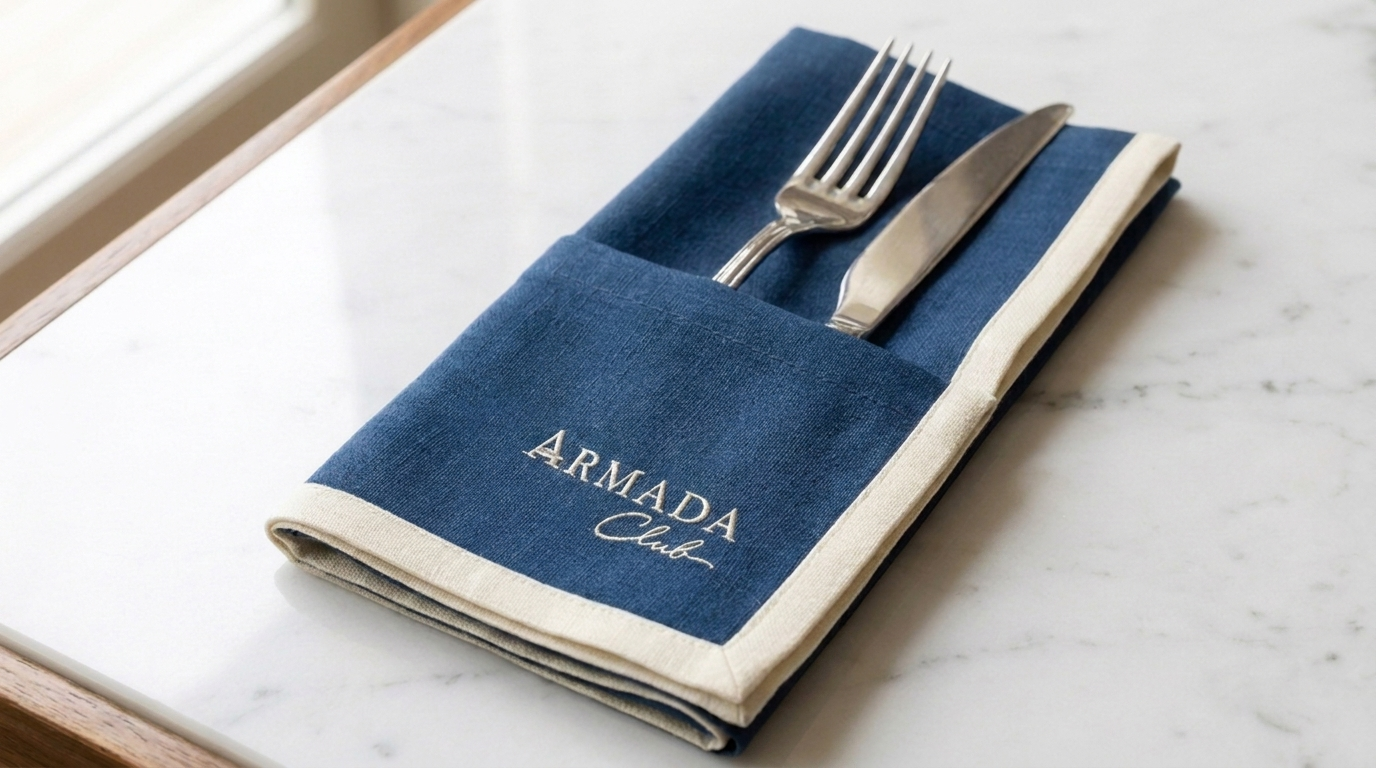 Armada Club embroidered linen napkin with silver cutlery on a marble table