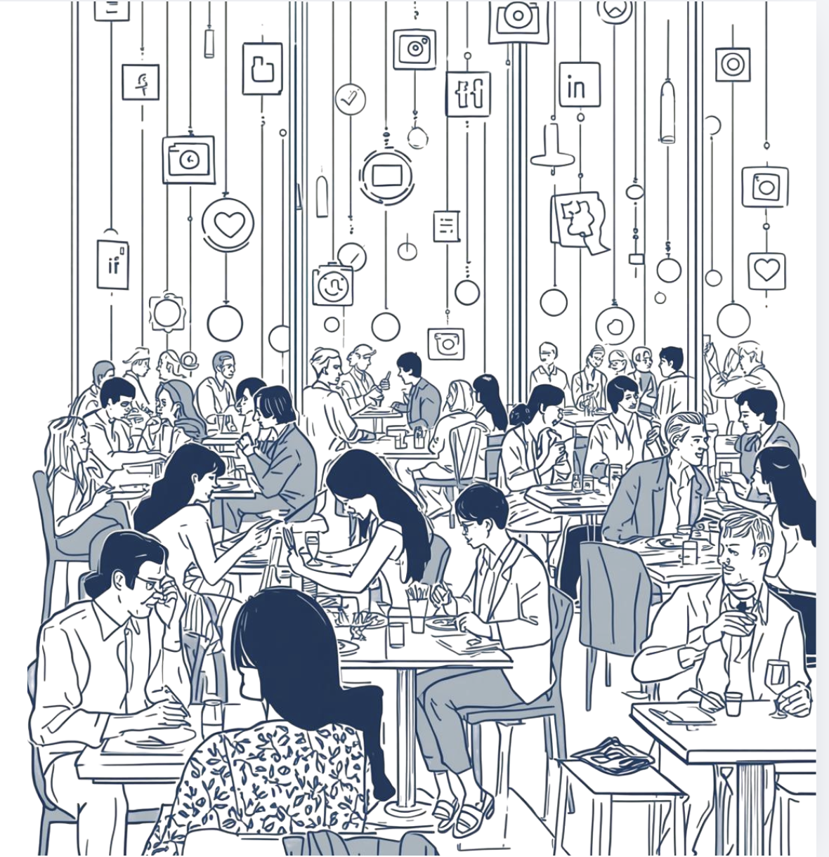 Illustration of guests dining quietly while social media icons hang above the room